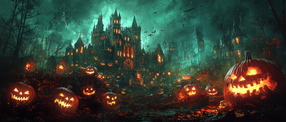 Scary haunted castle and pumpkins in dark city at Halloween night, spooky old gothic mansion in creepy forest. Theme of horror, path, light, fantasy.