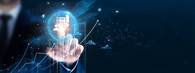 Project Management: Planning, execution, Businessman touch and analyze data strategy with graph monitoring, resources, timeline, collaboration.