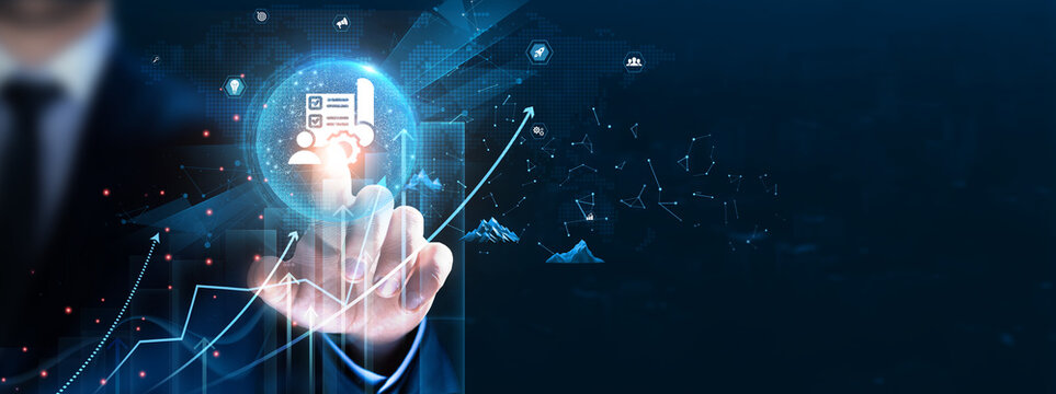 Project Management: Planning, execution, Businessman touch and analyze data strategy with graph monitoring, resources, timeline, collaboration.