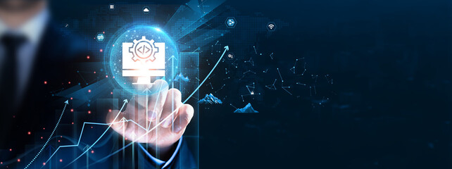 Software Development: Agile methodology, collaboration, Businessman touch and analyze data strategy with graph performance metrics, project management, coding standards, innovation.