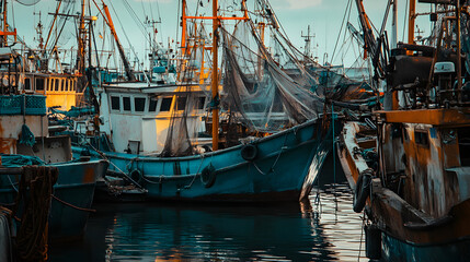 Obraz premium An Asian harbor with fishing boats docked and nets hanging unused reflecting the downturn in the fishing industry.