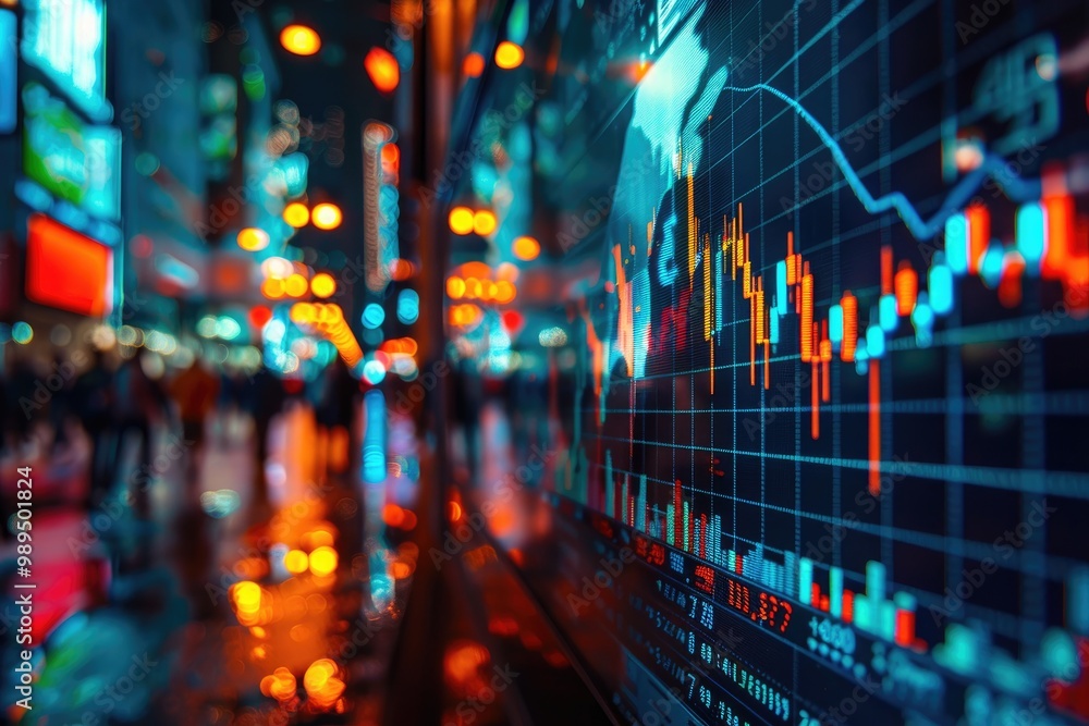 Poster Displaying financial market data with city lights blurred in background