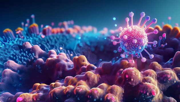 Covid-19 viral particles amidst cell structures. Infection of FLiRT, XEC, coronavirus and cellular components. Epidemic, pandemic microscopic battle, pathogenic activity, molecular landscape.