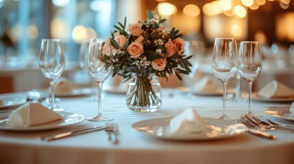 Elegant table setting with roses bouquet in restaurant or hotel for wedding or event