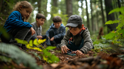 Children exploring nature in a forest while examining small creatures on the forest floor