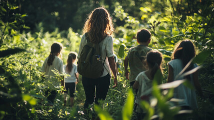A group of children exploring a lush forest trail under dappled sunlight in early afternoon