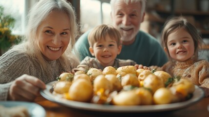 Fototapeta premium Happy family smiling and posing with a plate of roasted potatoes
