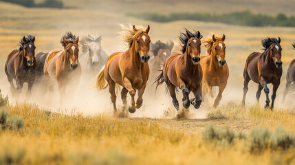 Herd of wild horses galloping across a sunlit field with dust clouds rising
