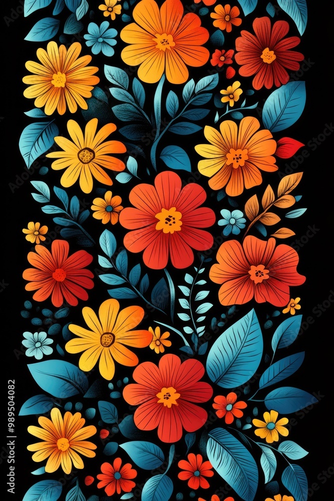 Poster colorful floral pattern on dark background for design element