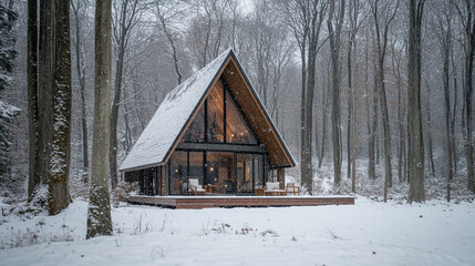 Cozy cabin nestled in snowy forest landscape on a winter day