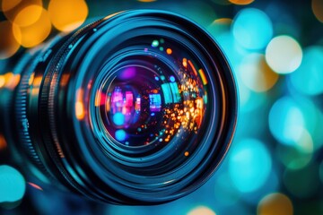 A camera lens with a colorful reflection of the sky, generative ai image