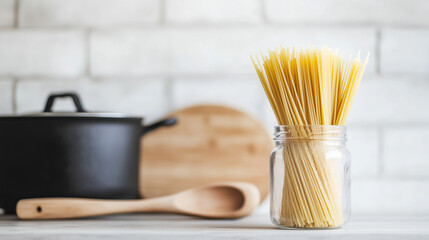 Jar of spaghetti next to a black pot in a rustic kitchen
