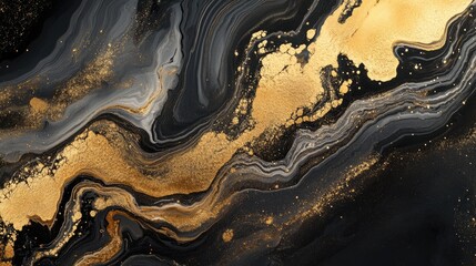 Obraz premium Fluid art featuring golden metallic particles and dynamic black waves creating a stunning marble effect background or texture