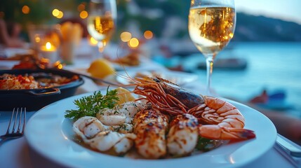 Grilled shrimps and squids served on white plate for dinner at the beach restaurant