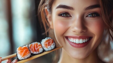 Beautiful woman holding chopsticks with salmon sushi rolls, smiling