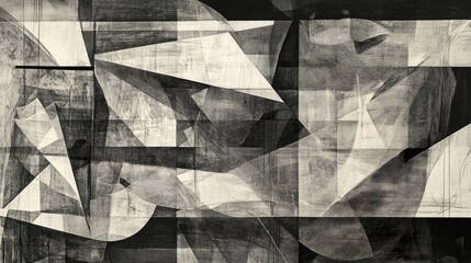 An abstract monochrome artwork featuring a variety of lines and shapes