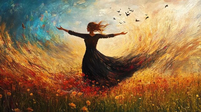 A woman embracing her self worth amidst ongoing growth embraces her freedom symbolizing a radiant figure who realizes her goals and purpose in life