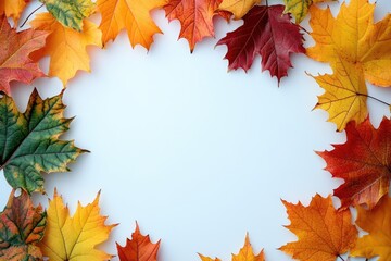 Colorful autumn leaves making frame on light blue background