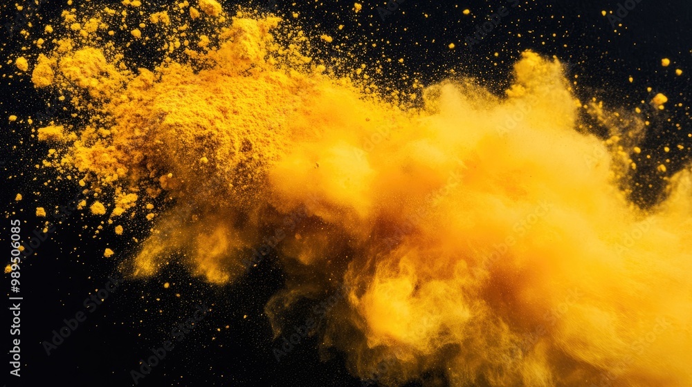 Poster yellow powder explodes against a black background creating an abstract and colorful display