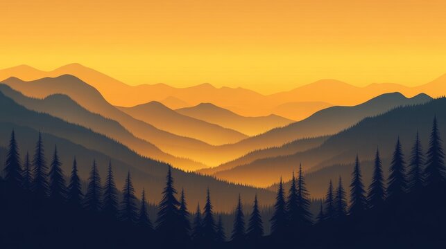 Religious grief landscape background featuring a panoramic view with black silhouettes of mountains hills and forests against an evening sunset with an orange sky