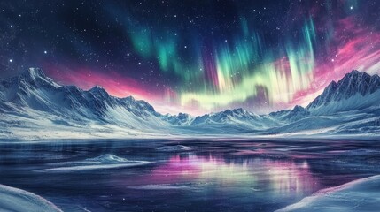Vibrant northern lights illuminating a serene lake and snow covered mountains Enchanting panoramic winter landscape featuring the Aurora Borealis against a starry night sky