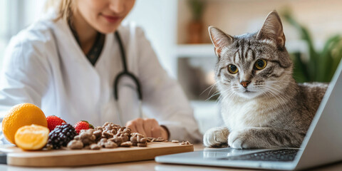 A grey tabby cat sits next to a veterinarian in a white coat. The vet is preparing treats while fruits and nuts are on a wooden board