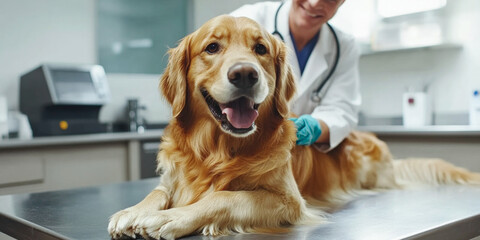 Veterinarian wearing gloves while checking a golden retriever on an examination table during a visit to the clinic.
