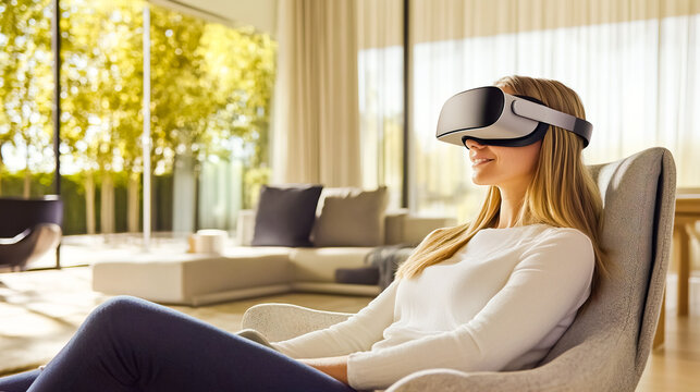 A woman is sitting in a living room wearing a virtual reality headset