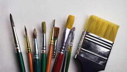 Fototapeta premium Paint and brushes lie on a white canvas. Creative Activities