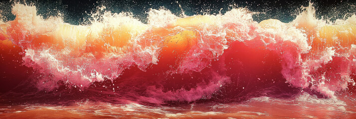 A large, powerful wave crashes in vibrant hues of pink, yellow, and red, creating a stunning visual effect.