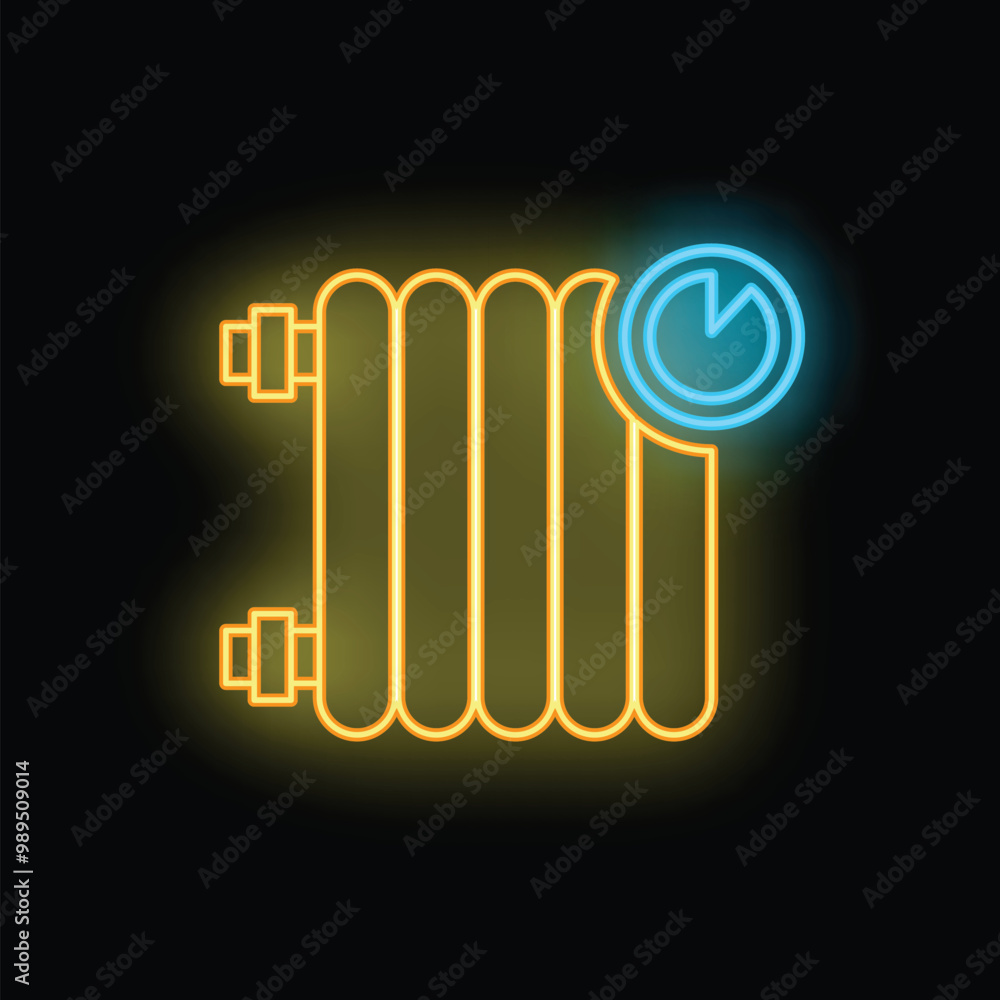 Poster glowing neon icon representing a radiator heating system with a thermostat control, symbolizing warm
