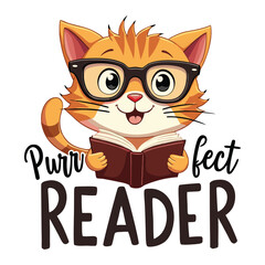 Cute Cartoon Cat with Glasses Holding Book - 'Purrfect Reader' Quirky Handwritten Font T-Shirt Design for Cat Lovers