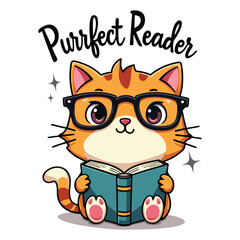 Cute Cartoon Cat with Glasses Holding Book - 'Purrfect Reader' Quirky Handwritten Font T-Shirt Design for Cat Lovers