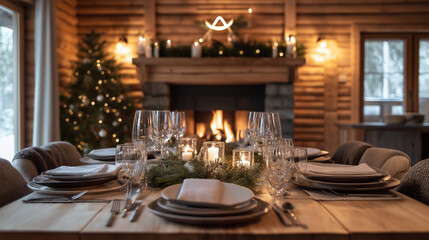Cozy holiday dining table in a rustic cabin, beautifully set with candles, evergreen garlands, and elegant dinnerware, creating a warm festive ambiance