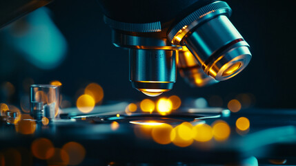 Close-up view of a microscope lens examining a specimen under warm lighting at a research lab