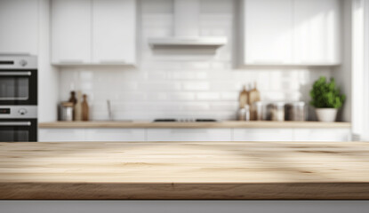 Fototapeta premium Modern Kitchen Vibes: Blurred White Interior with Wooden Countertop for Product Display Mockup