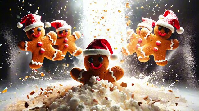 Joyful Jumps of Gingerbread cookies wearing Santa hats floating amidst a sprinkle of sugar