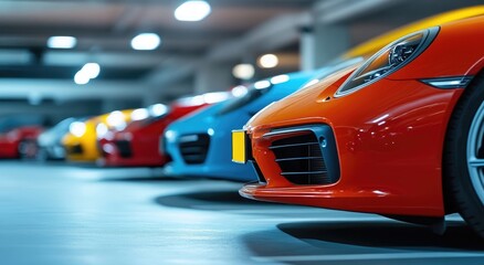 Obraz premium Vibrant Sports Cars Parked in Garage with Shiny Surface