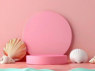 3d Mock up Coral pink podium with seashell accents and ocean waves Pedestal stage for beachwear product presentation Coastal scene for advertising Sale promotion background