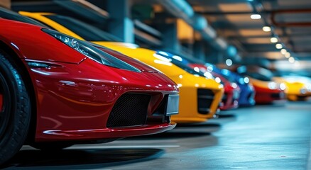 Obraz premium Vibrant Sports Cars Parked in Garage with Shiny Surface