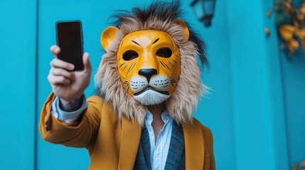 Portrait of weird authentic guy in lion mask, Creative guy wearing lion mask pointing at empty space.