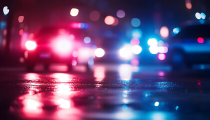 Blurred background of police flashing lights at the crime scene