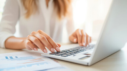 Close-up of a businesswoman's hand using a calculator to manage finances, highlighting focus and accuracy within a professional setting.