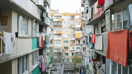 Obraz premium An Eastern European street with housing blocks balconies crowded with hanging laundry and signs of economic distress.