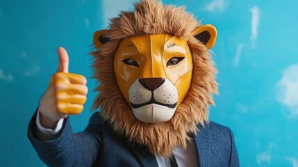 Obraz premium Portrait of weird authentic guy in lion mask, Creative guy wearing lion mask pointing at empty space.