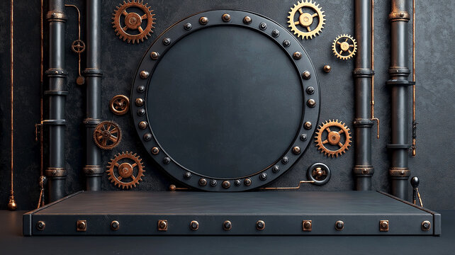 3d Mock up Slate gray podium with industrial pipes and mechanical gears Pedestal stage for tool product presentation Industrial scene for advertising Sale promotion background