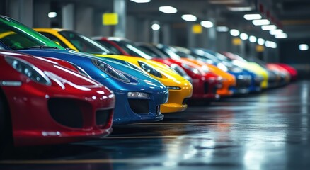 Fototapeta premium Vibrant Sports Cars Parked in Garage with Shiny Surface