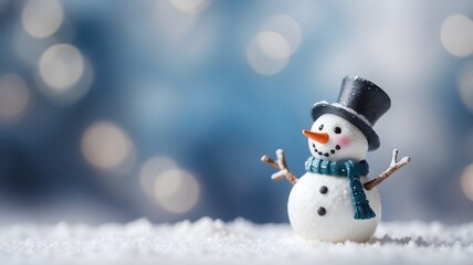 cute miniature of snowman with blurry winter background