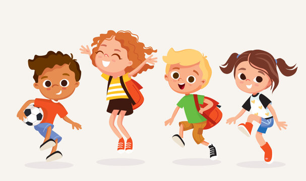 Set of kids. Children and preschoolers. International students. Happy children with school backpacks and books jumping and having fun.