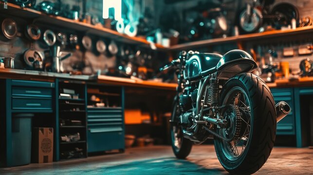 Classic Motorcycle in Garage with Shelves of Parts